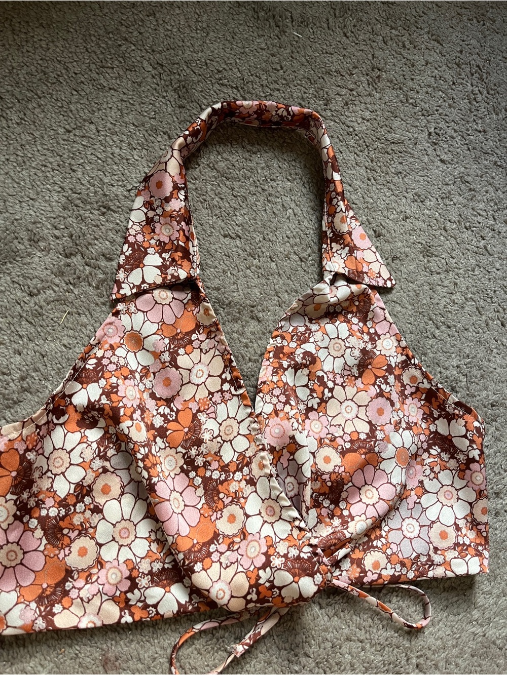 Floral Halter Tie-Front Crop Top in Brown & Pink - Picture 3 of 8